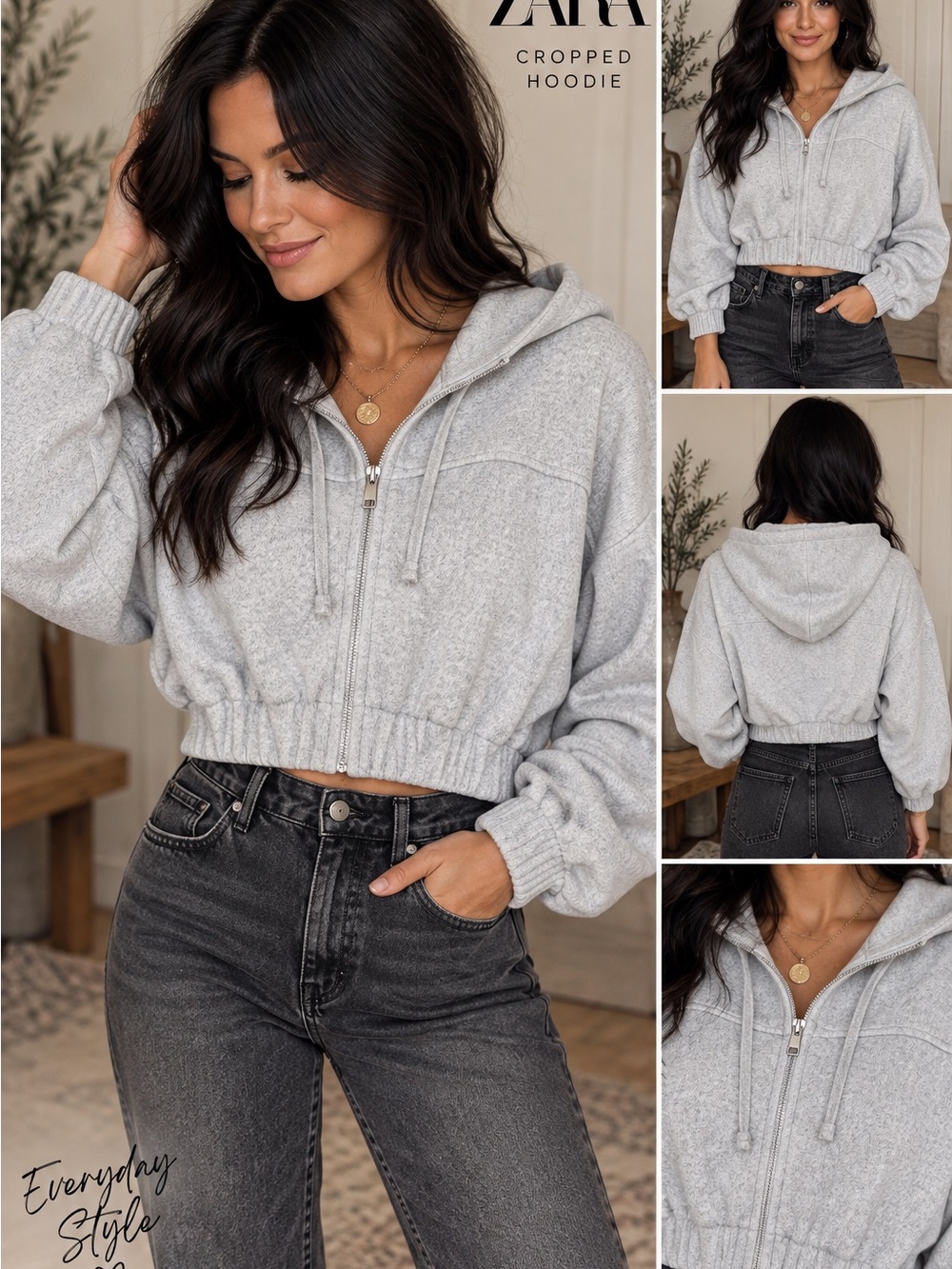 ZARA KNIT XS Mid-Weight GRAY Drawstring CROPPED Banded Hem HOODIE #1140CL